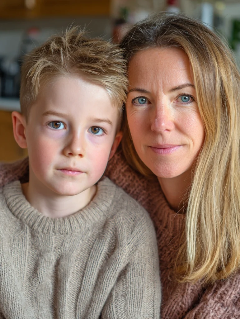 A mother sitting close to her seven-year-old boy on their sofa at home