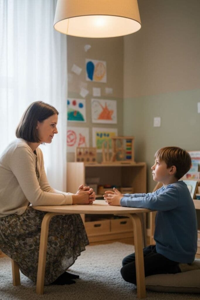a teacher and child sitting at a small table together
