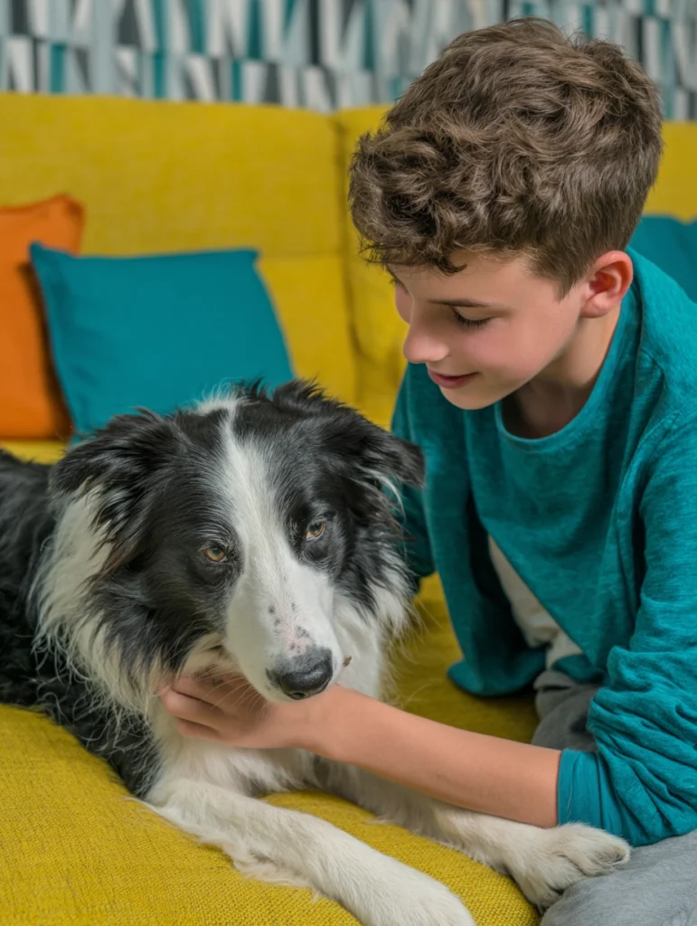 A twelve-year-old boy stroking a dog. They are both sitting on a yellow sofa.