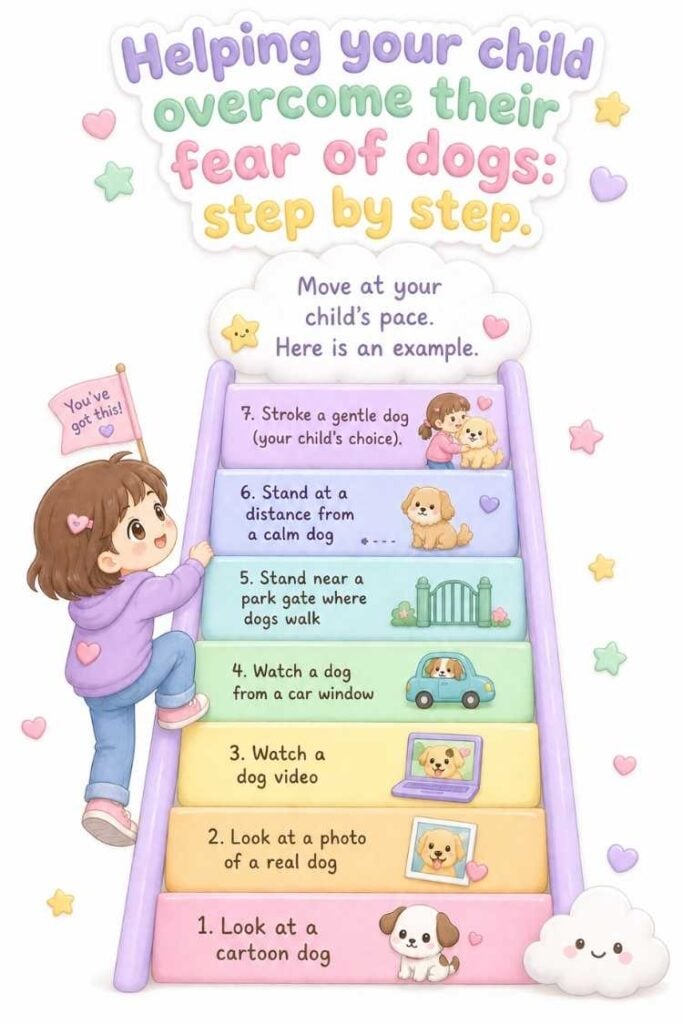 An infographic about fear of dogs in children showing a gradual desensitisation ladder, also known as a fear ladder