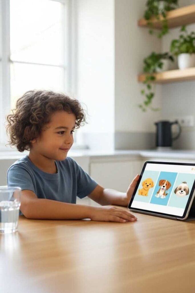 A little boy looking at cartoon pictures of dogs on an iPad as part of a gradual desensitisation programme for fear of dogs