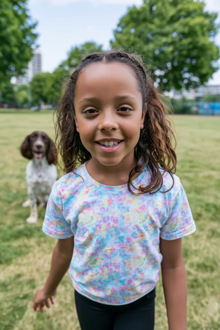 A ten-year-old girl in a park, standing in an open field with a spaniel dog behind her