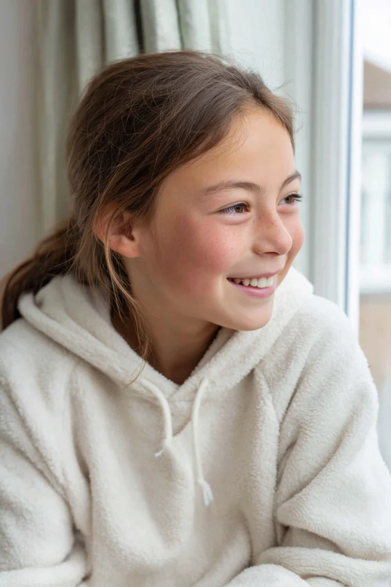 A happy eleven-year-old girl wearing a cream-coloured cosy hoodie and looking out of a window