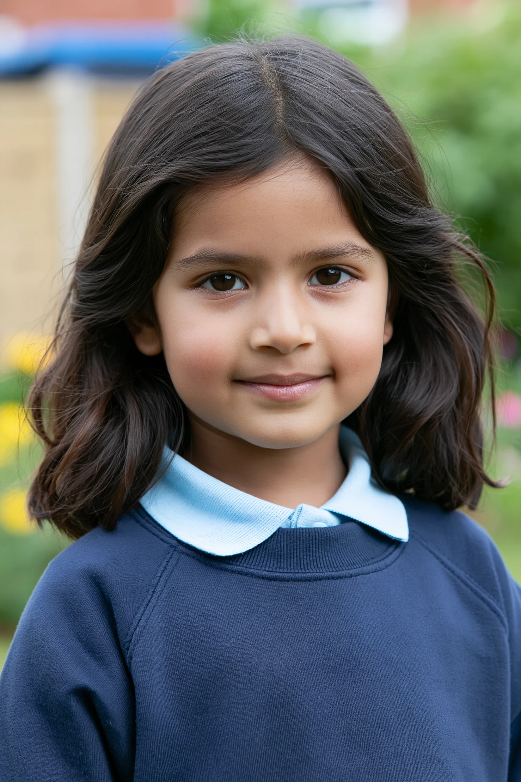 A five-year-old girl posing for a photograph in her garden