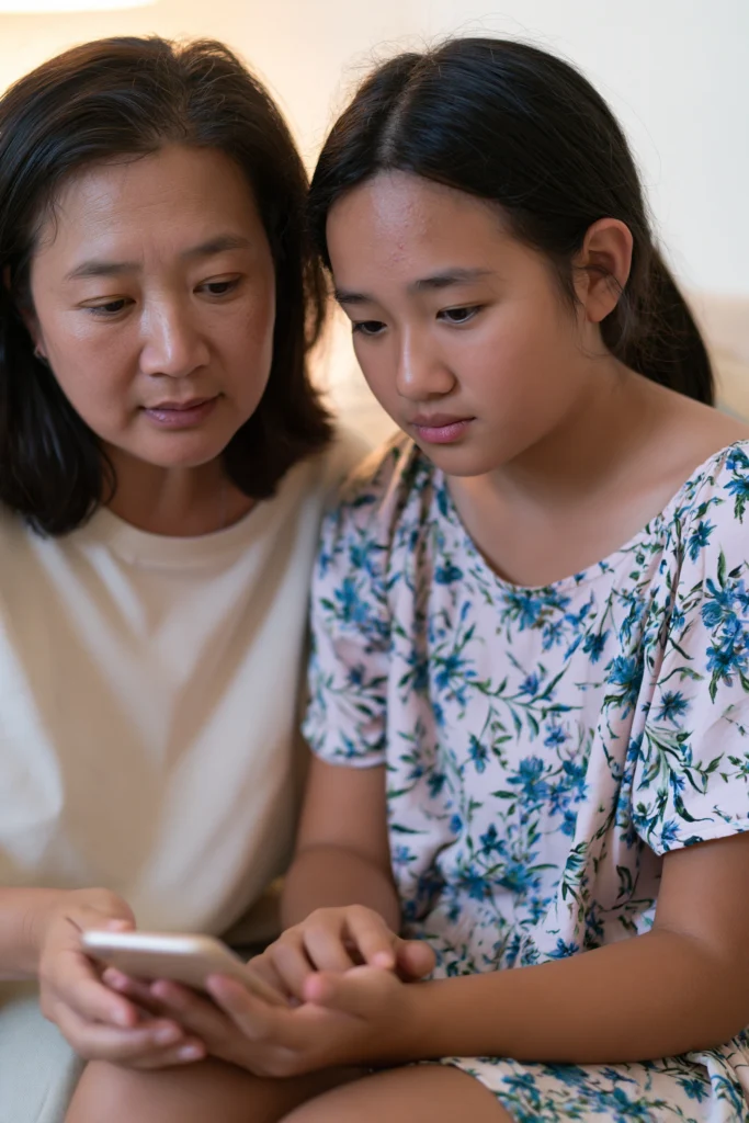 A mother and young teenage daughter sitting at home looking at the daughter's phone together