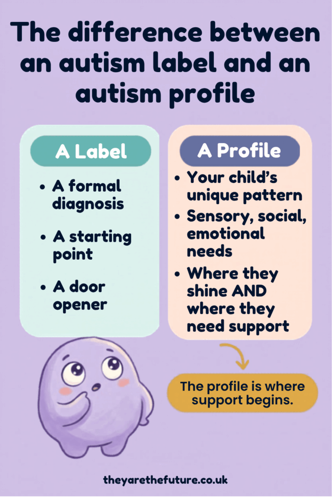 Autism label versus autism profile. This is an infographic poster showing the key differences between autism diagnosis as a label and understanding the full autism profile.