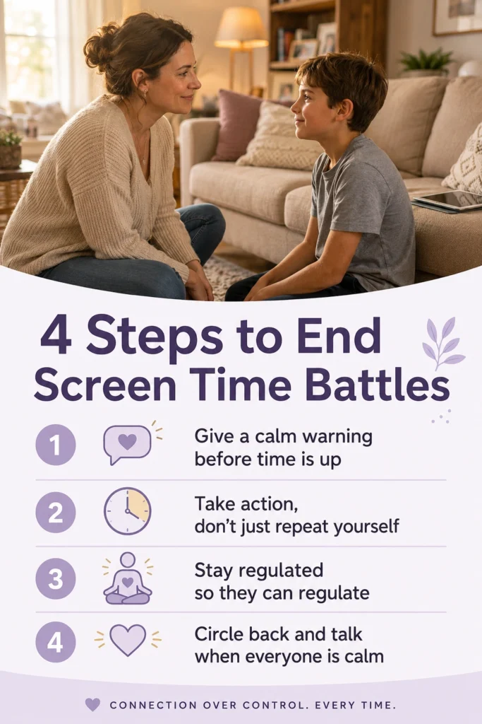 An infographic poster showing four psychologist-guided steps to end screen time battles 