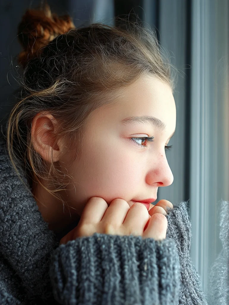 A tired teenage girl looking out of the window thoughtfully.
