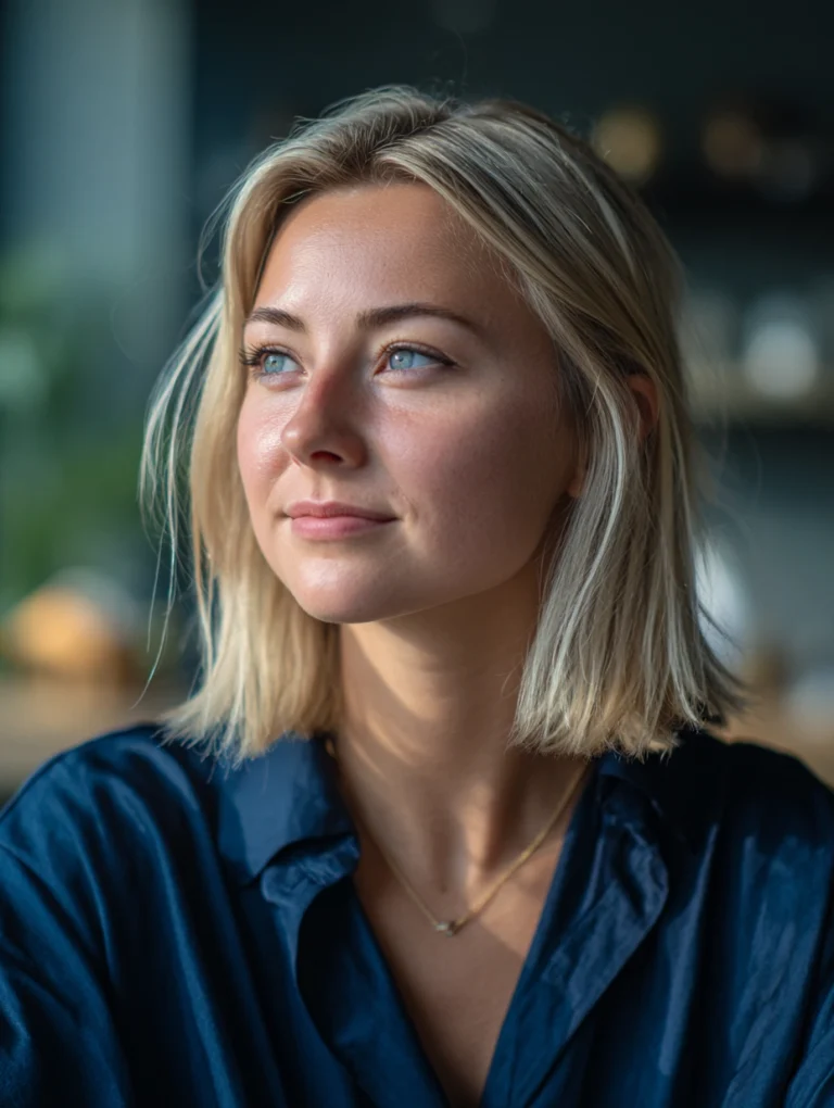 A young blond woman, aged about thirty, sitting in a cafe or kitchen with a thoughtful and hopeful expression on her face