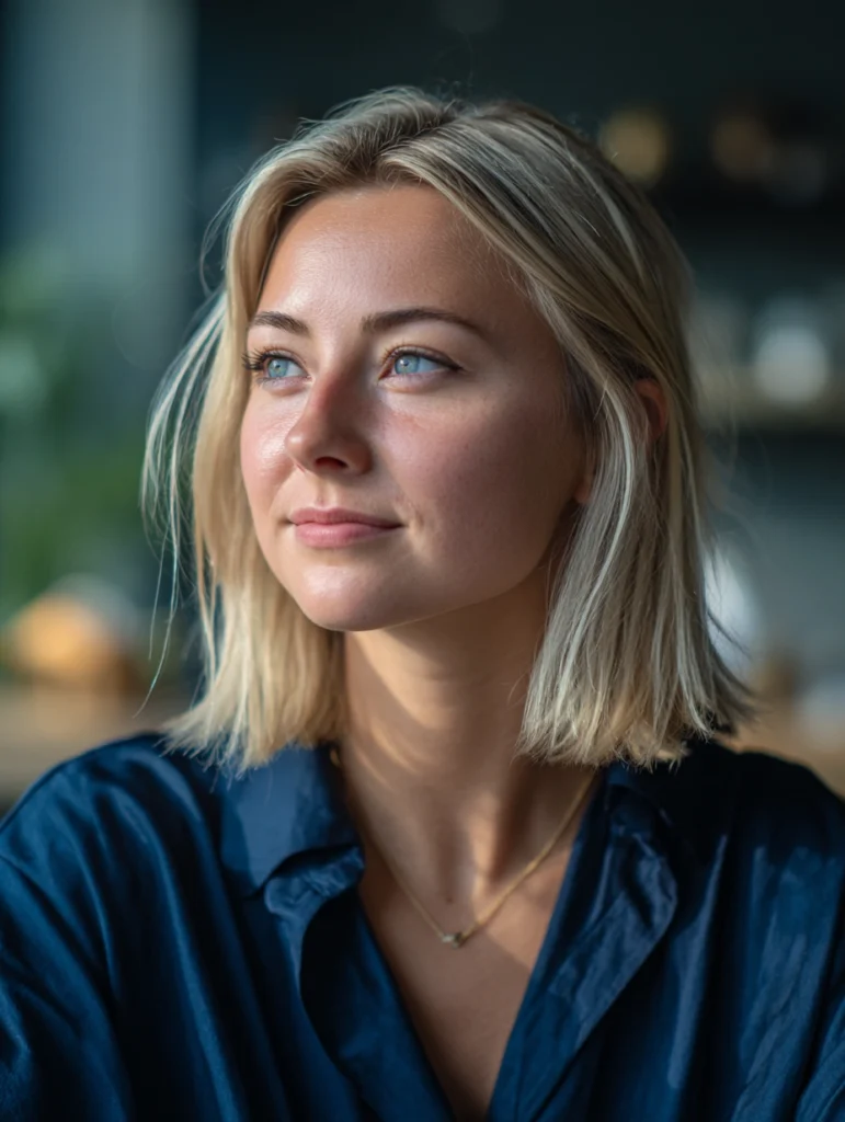 A young blond woman, aged about thirty, sitting in a cafe with a thoughtful and hopeful expression on her face