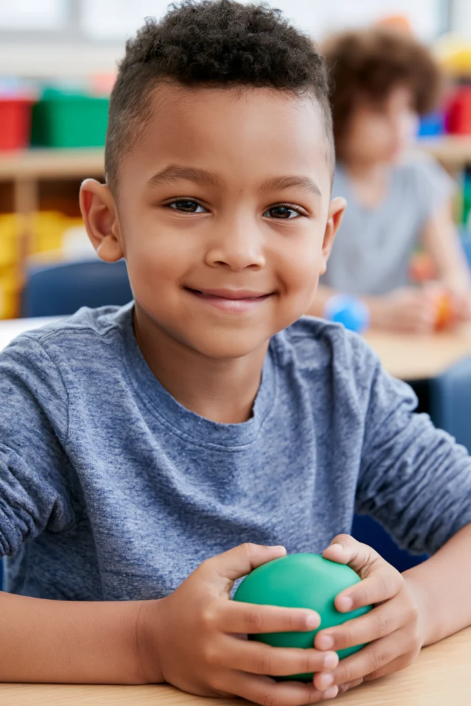 A happy little six-year-old boy sits at a desk in a classroom holding a green squeezy ball.