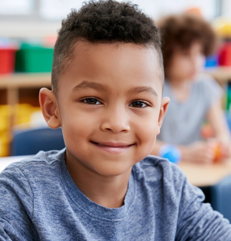 Close-up of a happy 6-year-old boy sitting at the desk in his classroom