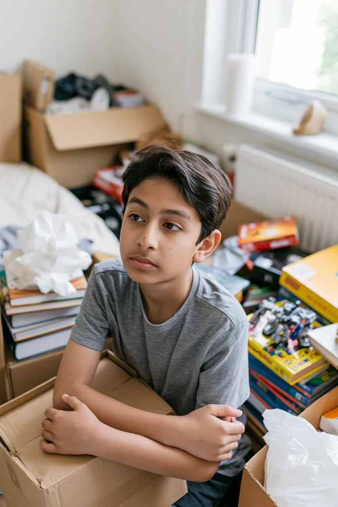 A twelve-year-old boy surrounded by packing boxes as he is moving house