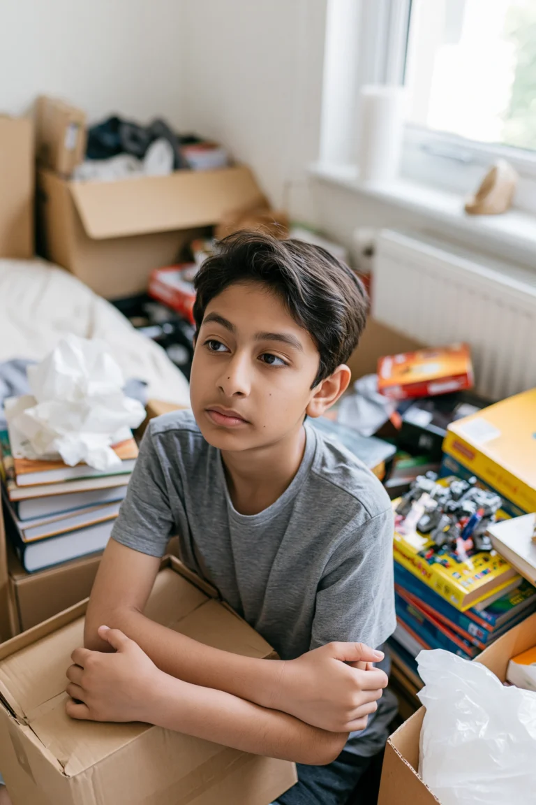 A twelve-year-old boy surrounded by packing boxes as he is moving house