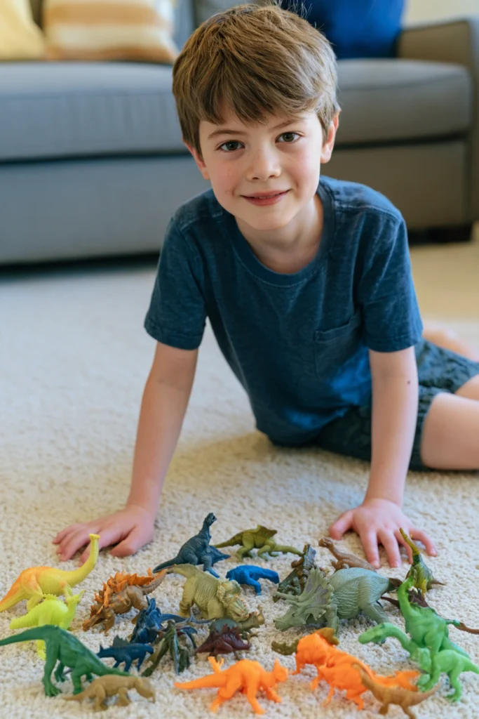An eight-year-old boy playing with toy dinosaurs on his living room floor