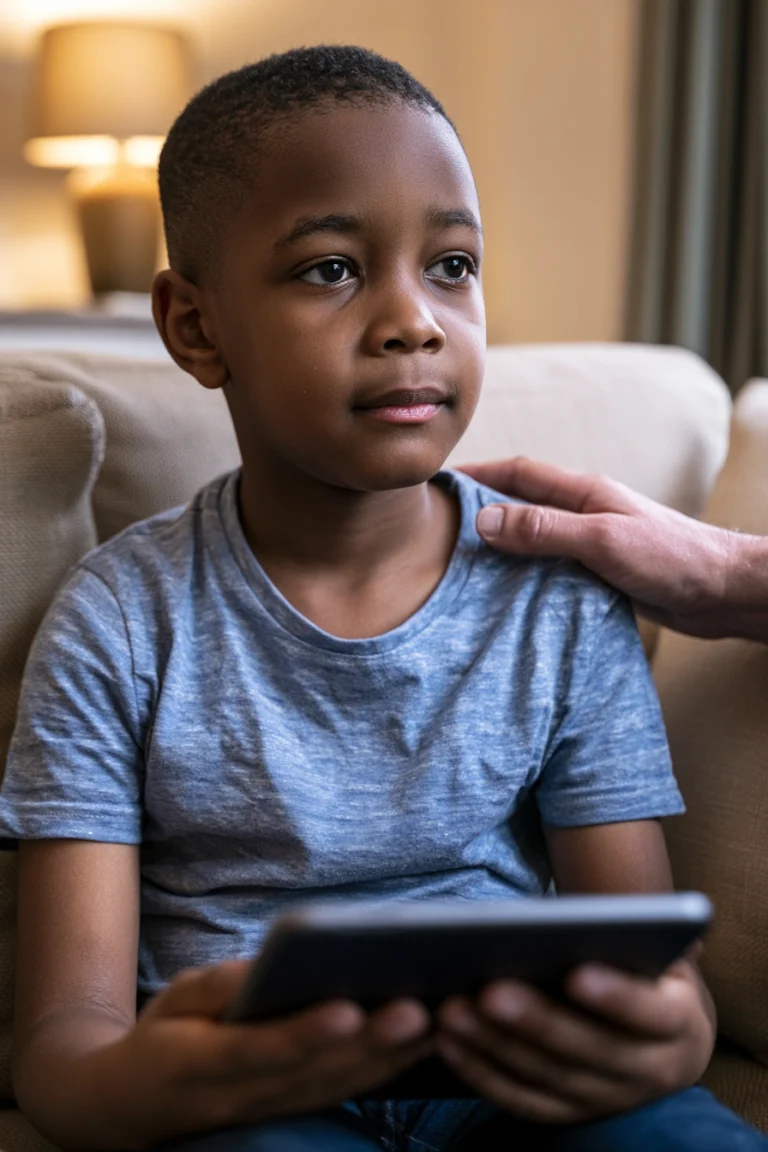 A little boy on a sofa holding an iPad. His parent is gently touching his shoulder.