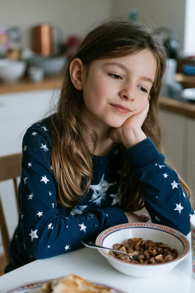An eight-year-old girl sitting at the breakfast table, deep in thought
