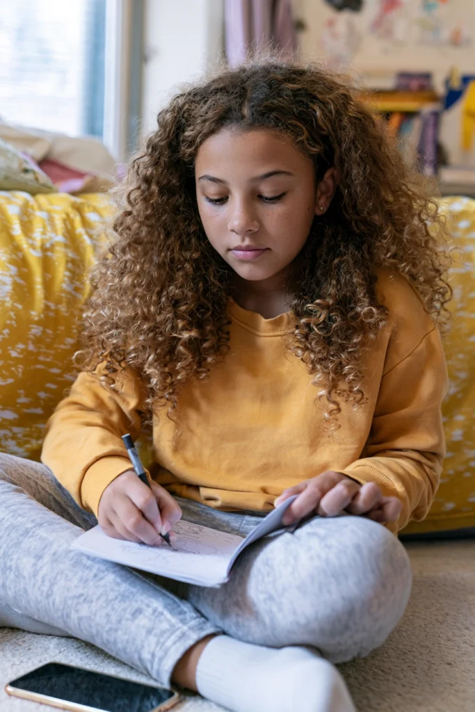 A twelve-year-old girl sits on the floor drawing in a notebook, a phone discarded by her feet.