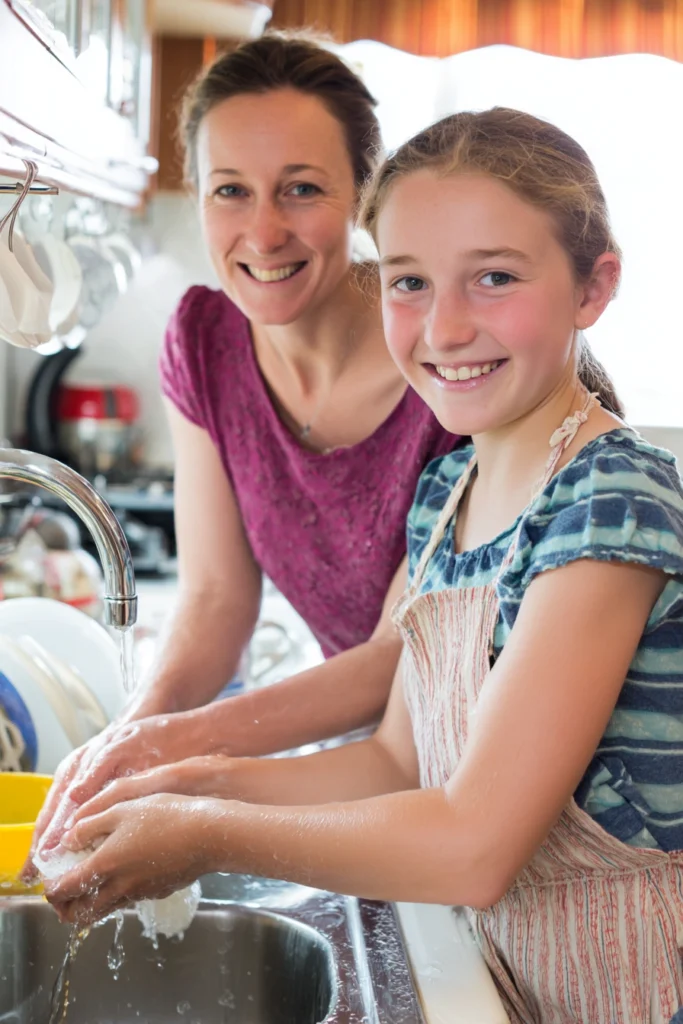 A happy mother and tween daughter washing up at their kitchen sink.