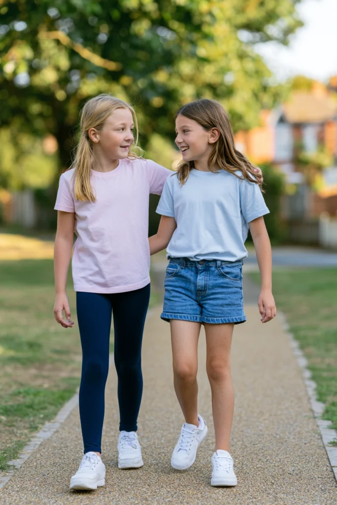 Two happy ten-year-old girls walking along a path together