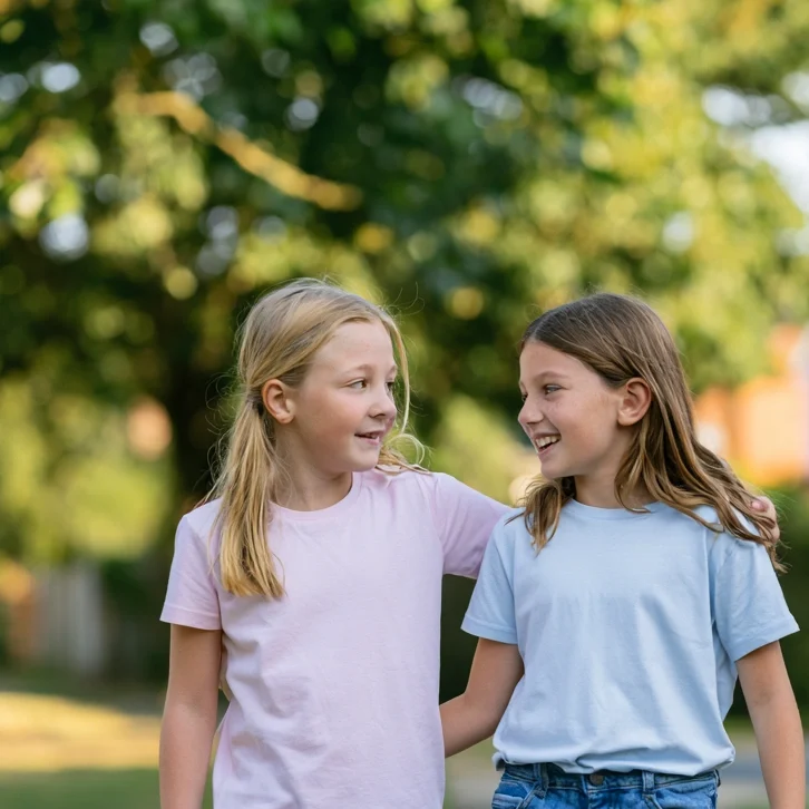Two happy ten-year-old girls walking along a path together