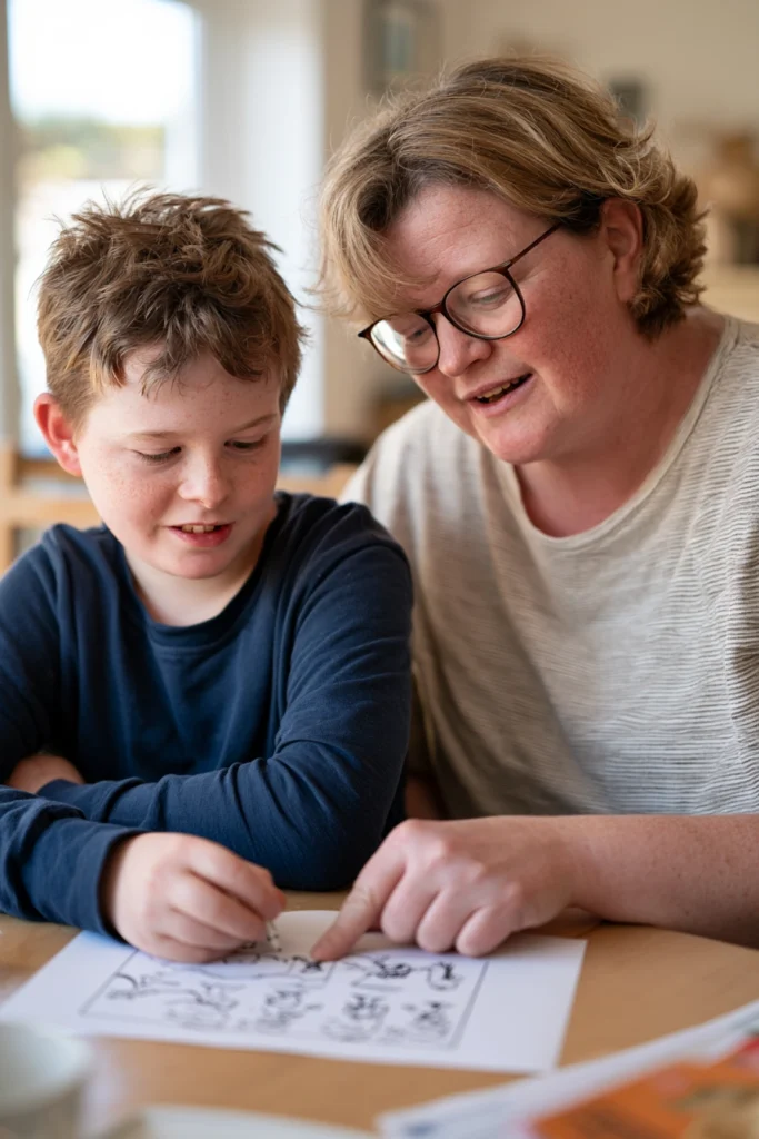 A ten-year-old autistic boy and his mother working on a comic strip conversation together in their kitchen