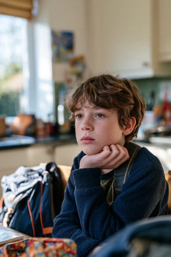 A tween boy sitting in his kitchen, thinking and resting his head on his hand.
