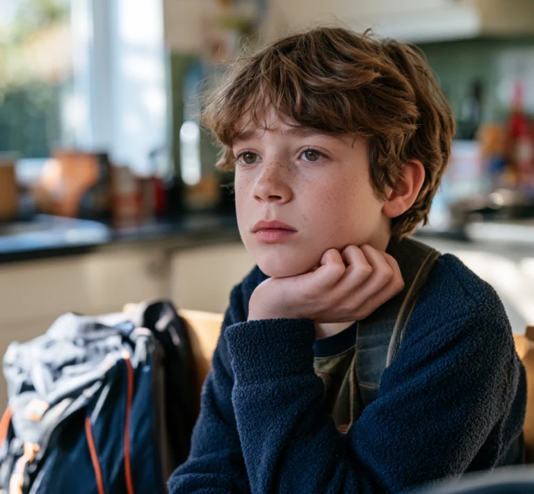 A tween boy sitting in his kitchen, thinking and resting his head on his hand.