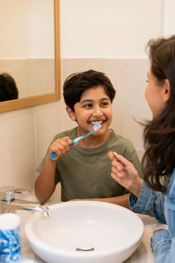 An eleven-year-old boy brushing his teeth