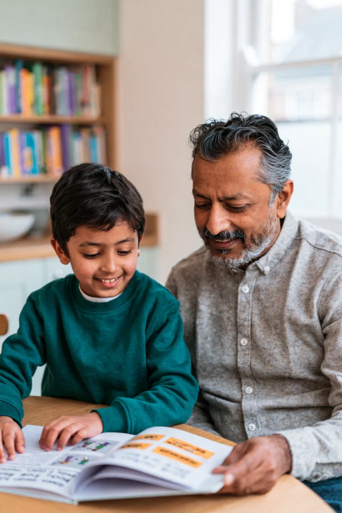 A seven-year-old boy reading through an activity book with his father at a table