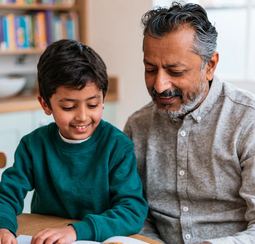 A seven-year-old boy reading through an activity book with his father at a table