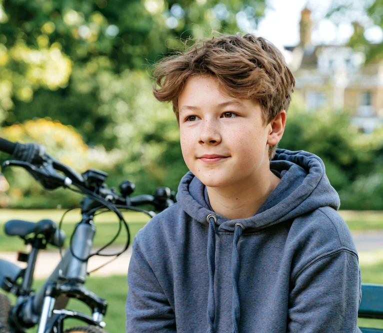 A teenage boy sitting in a park with his bike resting against the bench