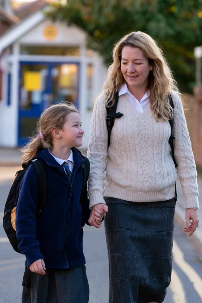 Seven-year-old girl and her mother walking home after school