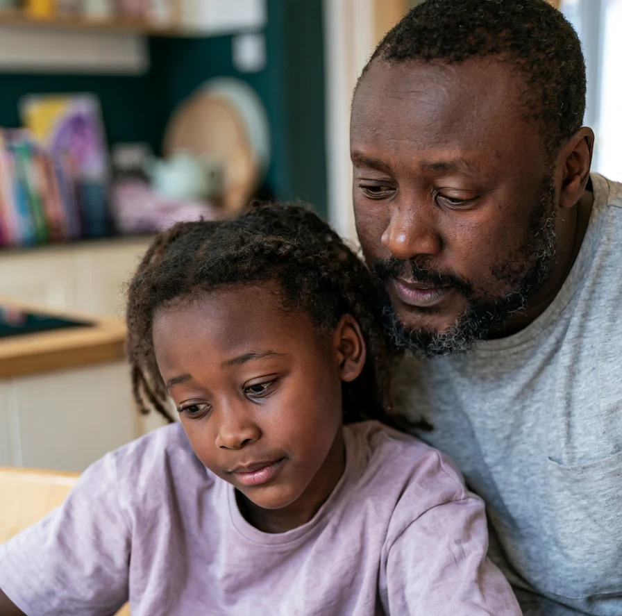 A father and seven-year-old daughter sitting at their kitchen table drawing together