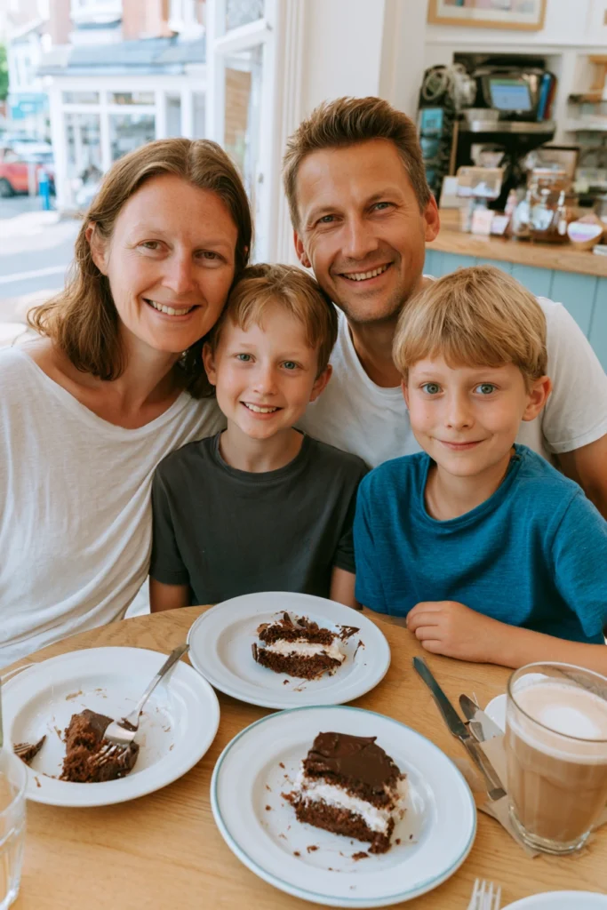 A happy family of four at a table in a cafe
