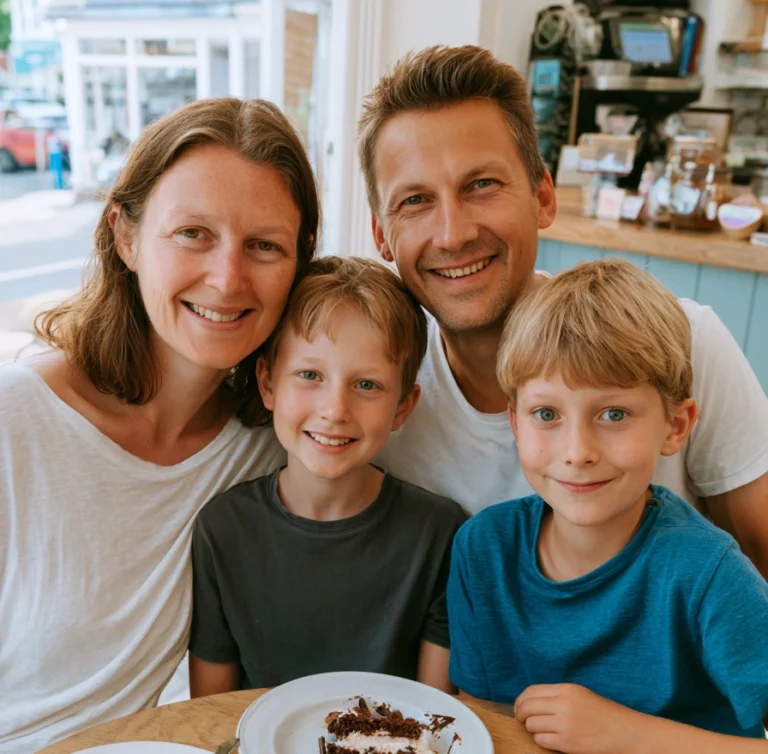 A happy family of four at a table in a cafe