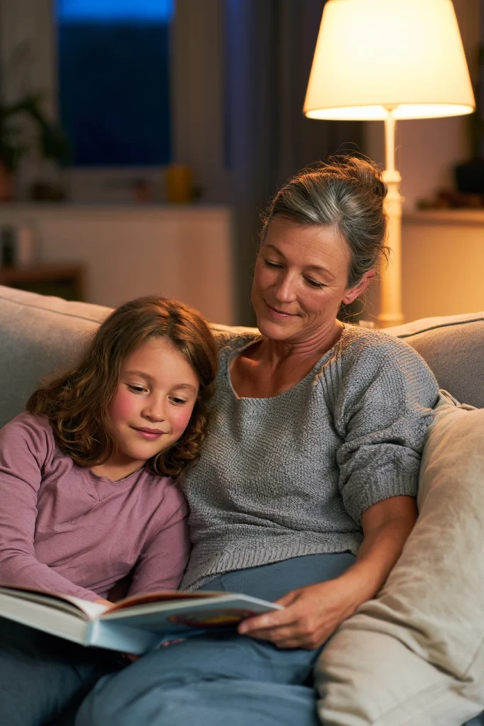 A ten-year-old girl and her mother reading together on the sofa in the evening