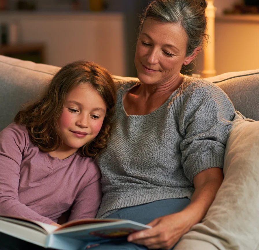 A ten-year-old girl and her mother reading together on the sofa in the evening