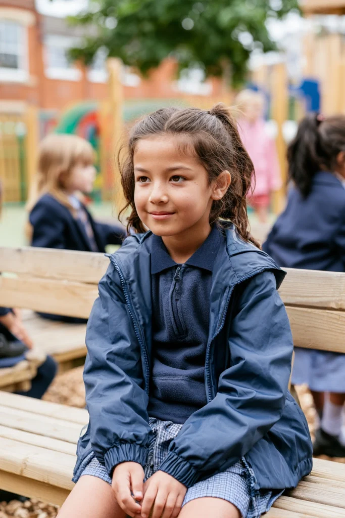 A contented 8-year-old girl sits alone on a bench in a school play area during break time.