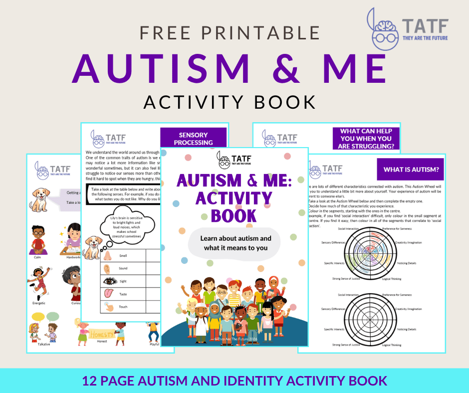 an image showing pages from the autism & me activity book by Dr Lucy Russell of They Are The Future