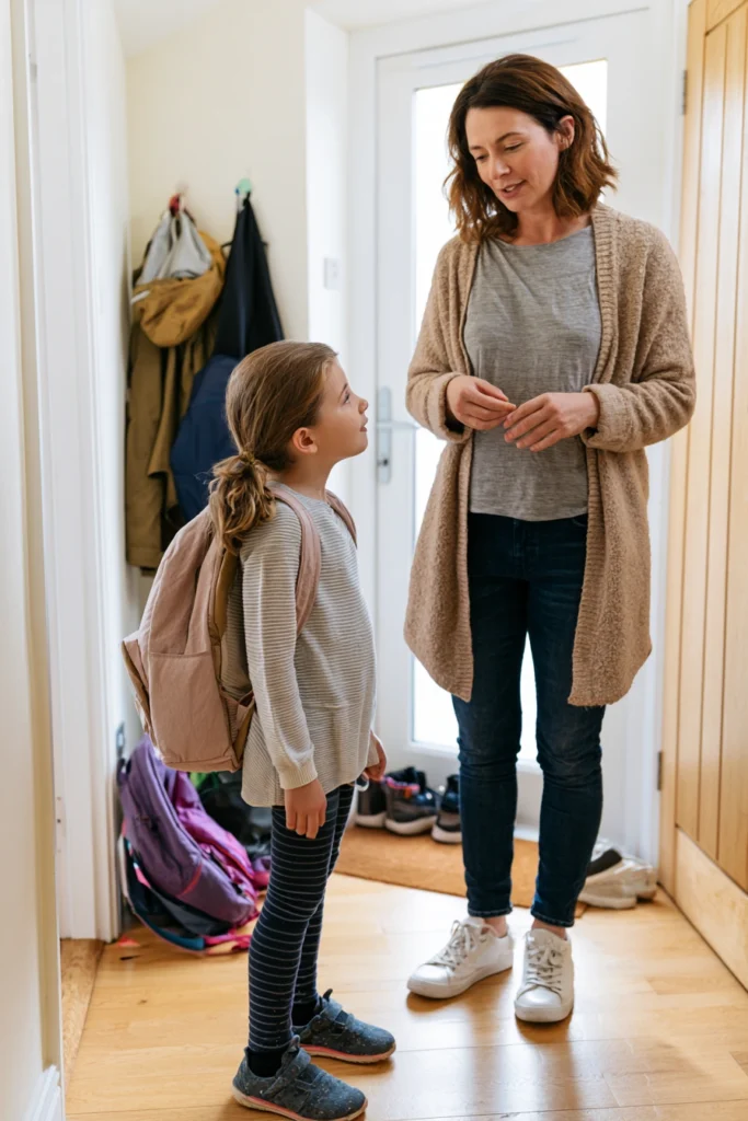 A mother talking to her eight-year-old daughter in their hallway