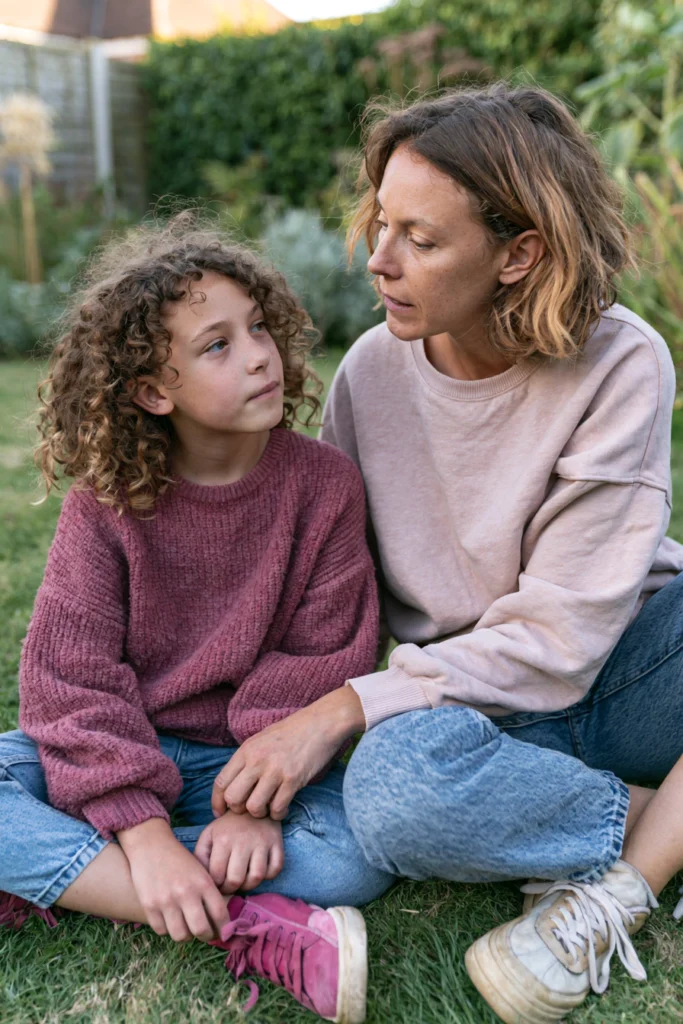 A mother and nine-year-old daughter sitting on the grass together, chatting