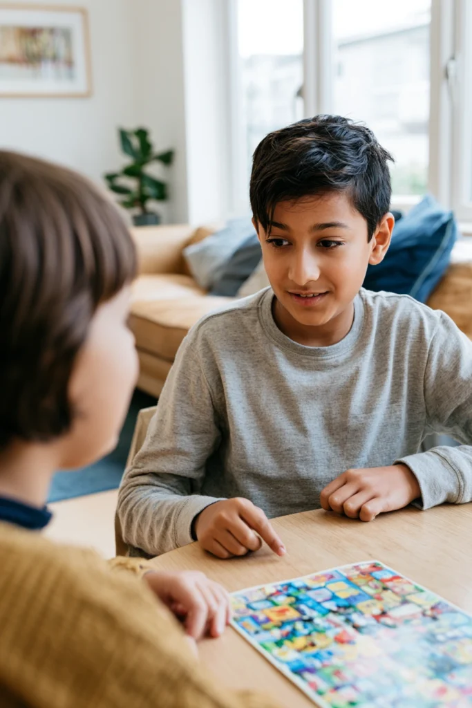 two siblings at home playing a board game