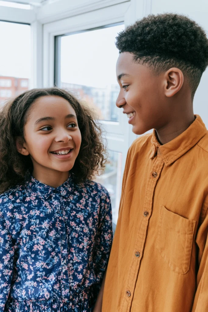 two sibling children chatting at home in their flat