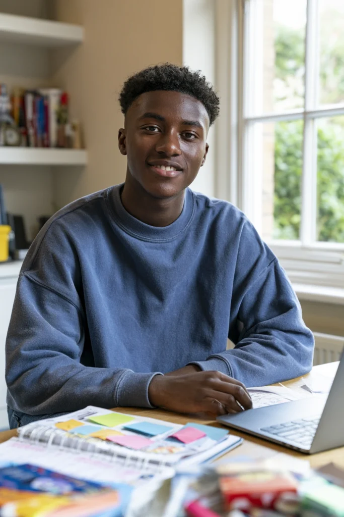 A teenage boy sitting at his desk at home