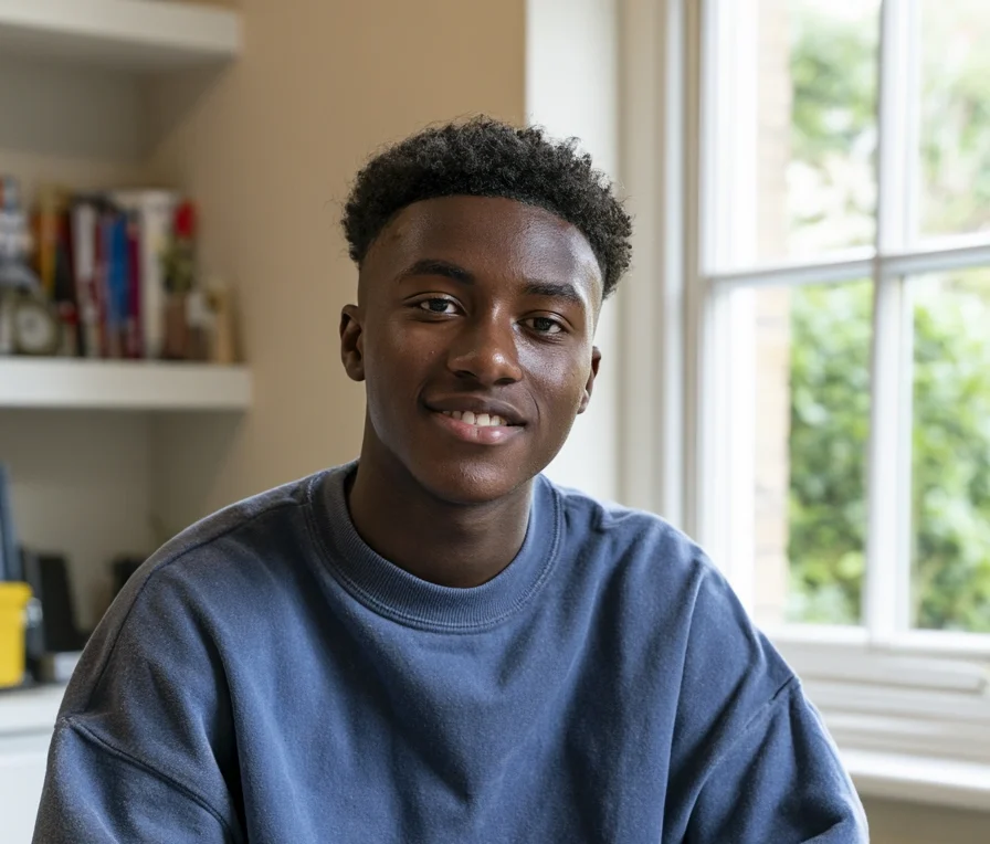 A teenage boy sitting at his desk at home