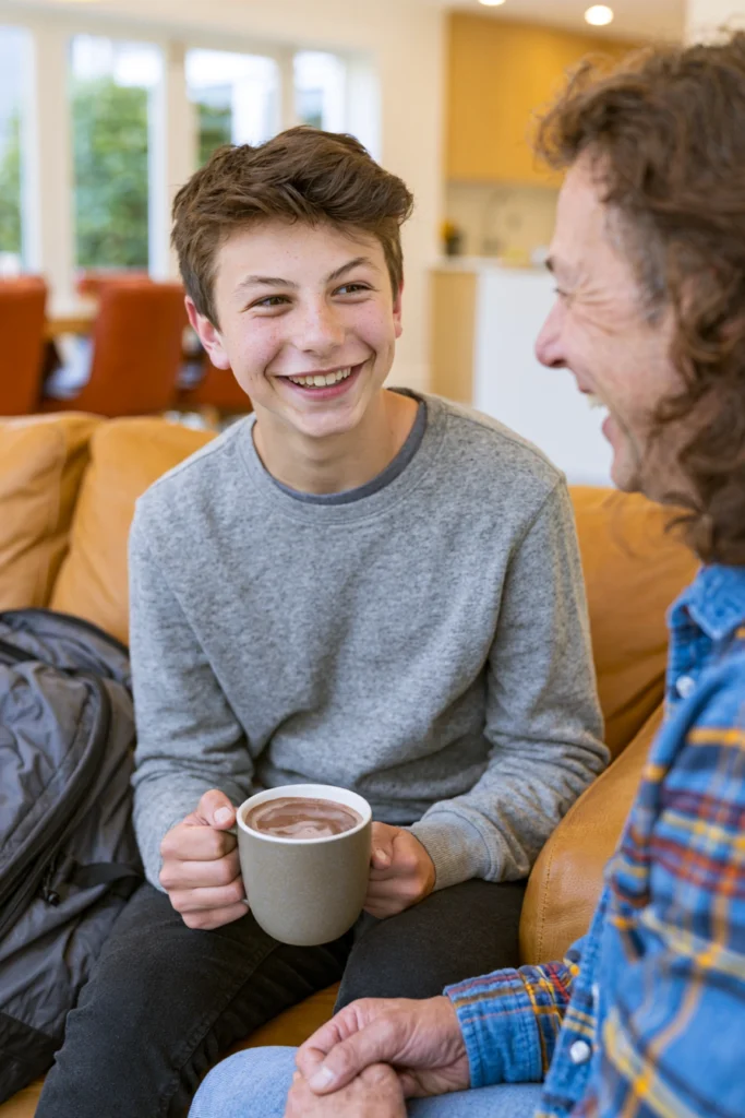 A teenage boy sitting on a sofa drinking hot chocolate and chatting with his dad