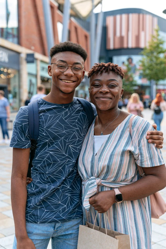 A smiling teenage boy standing with his mum outside a shopping centre
