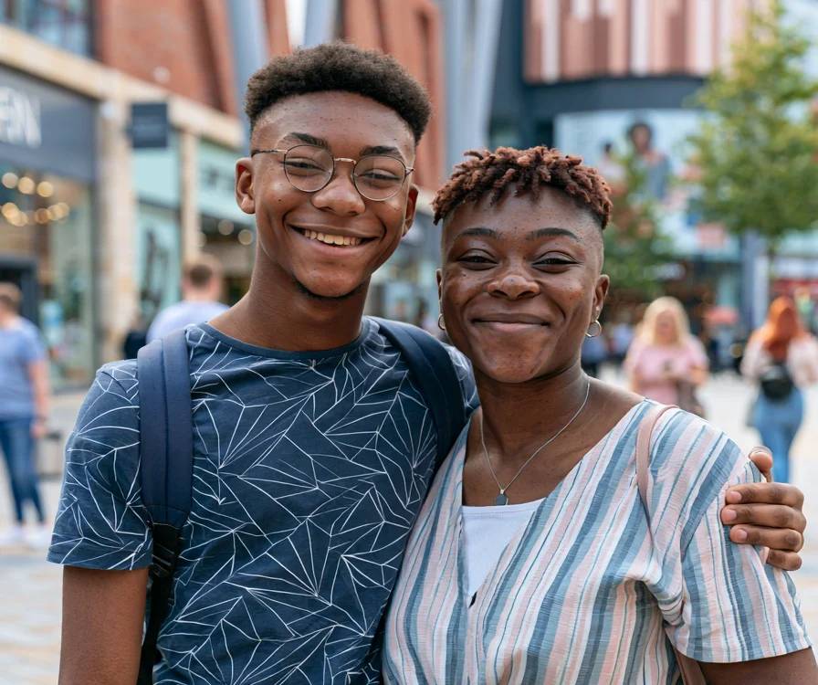 A smiling teenage boy standing with his mum outside a shopping centre