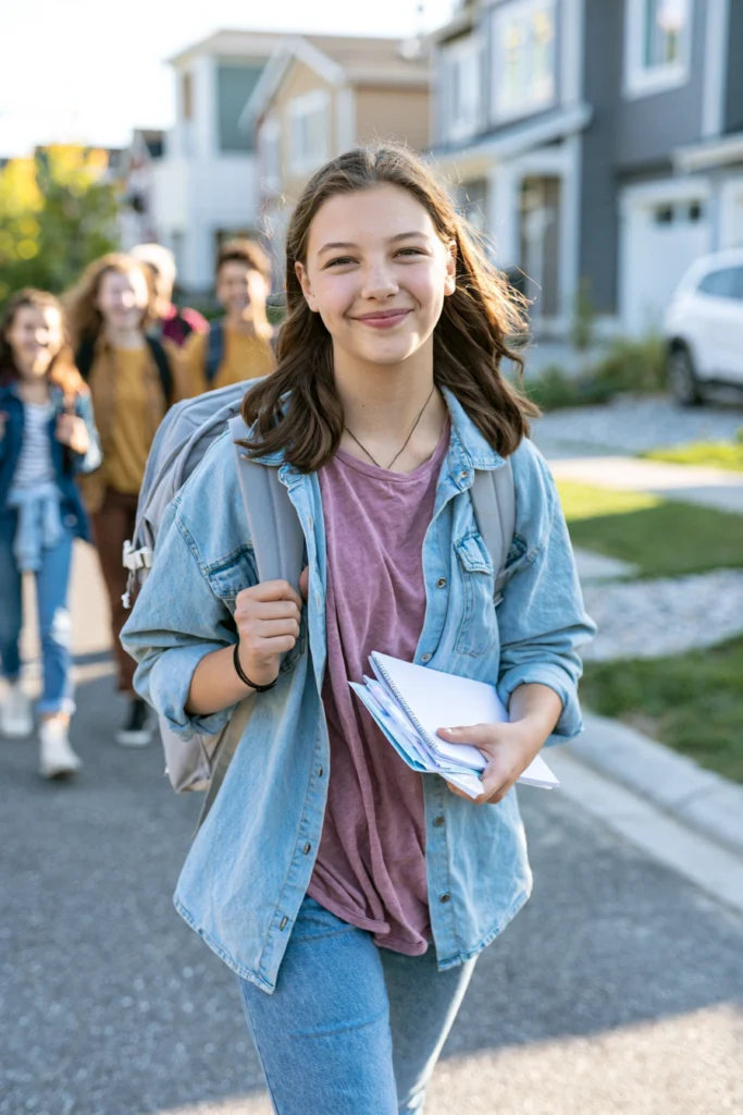 A happy teenage girl walking to school down a suburban street